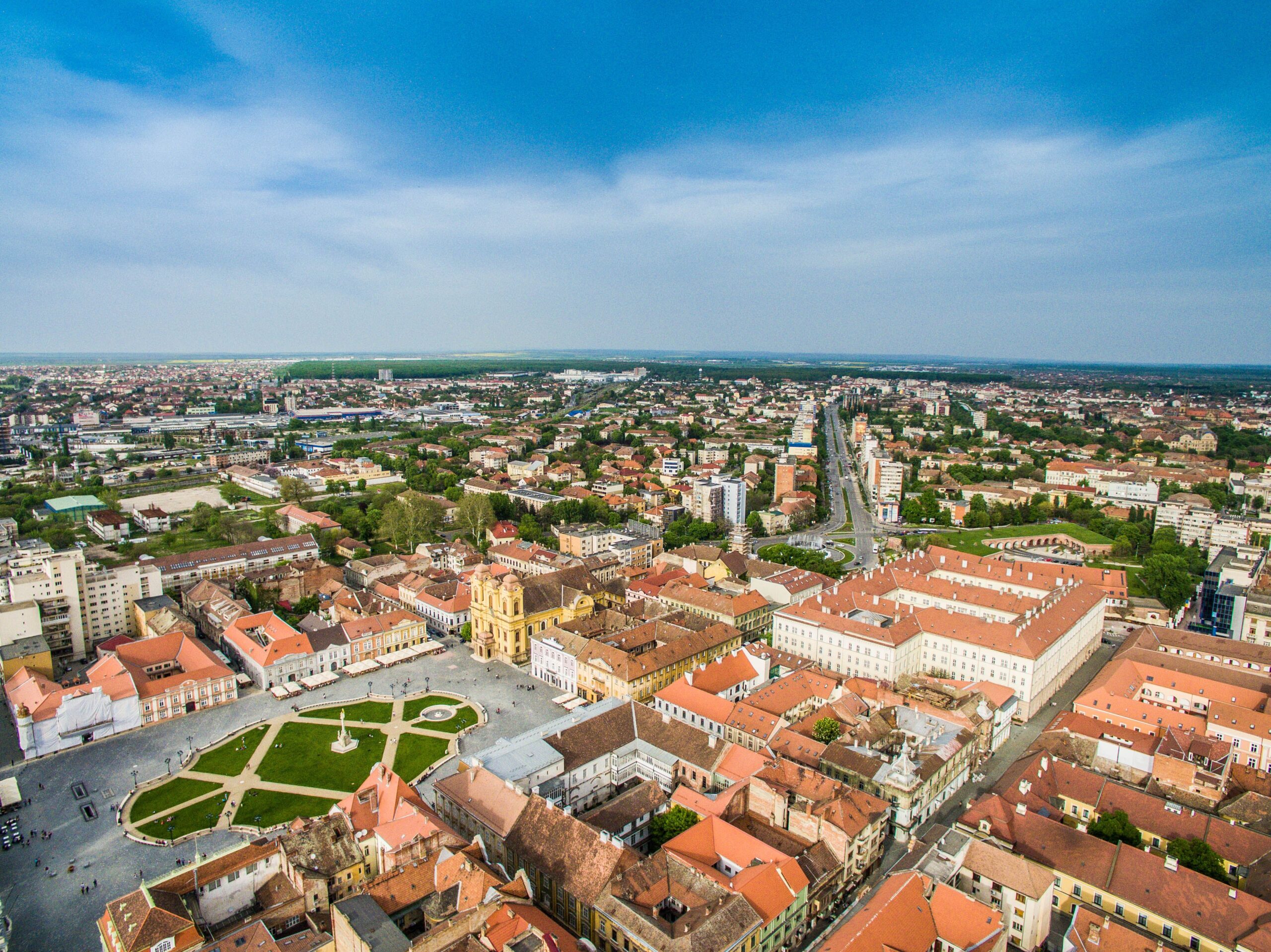 Drone shot of Timișoara's vibrant cityscape