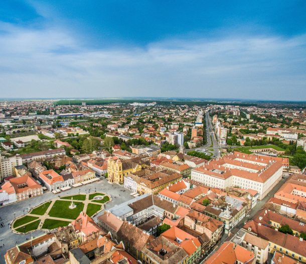 Drone shot of Timișoara's vibrant cityscape