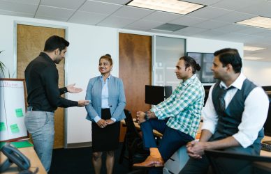 a group of people discussing