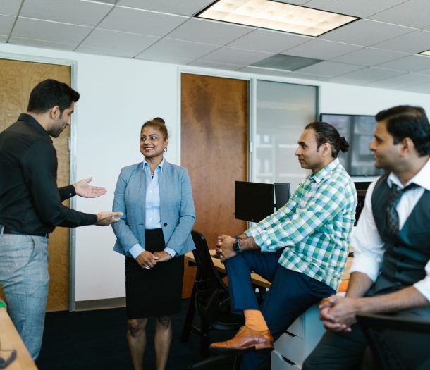 a group of people discussing